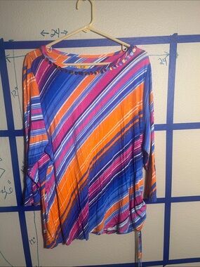 Ruby Rd. Diagonal Striped Long-Sleeve Top in Blue, Orange & Pink